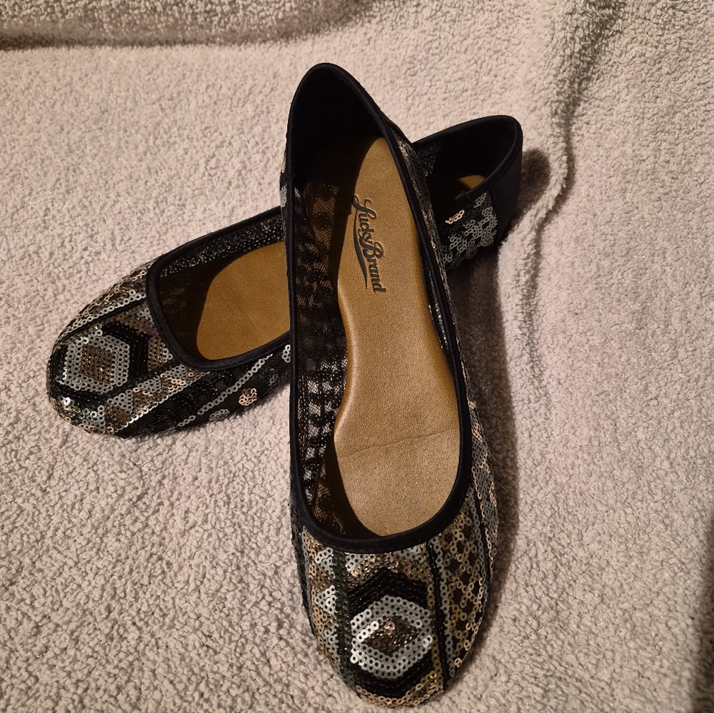 Lucky Brand Elisabeta Sequined Ballet Flats Pewter Multi Size 7M